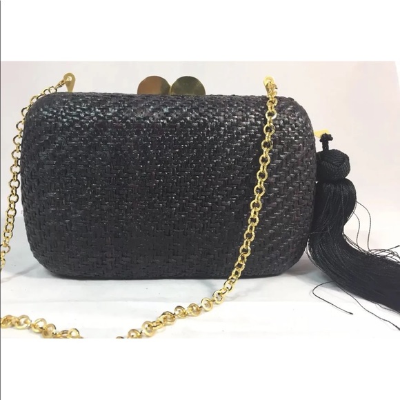 New Handmade Minaudière Clutch Black Woven Natural Fibre Tassel Gold Chain - Picture 1 of 12